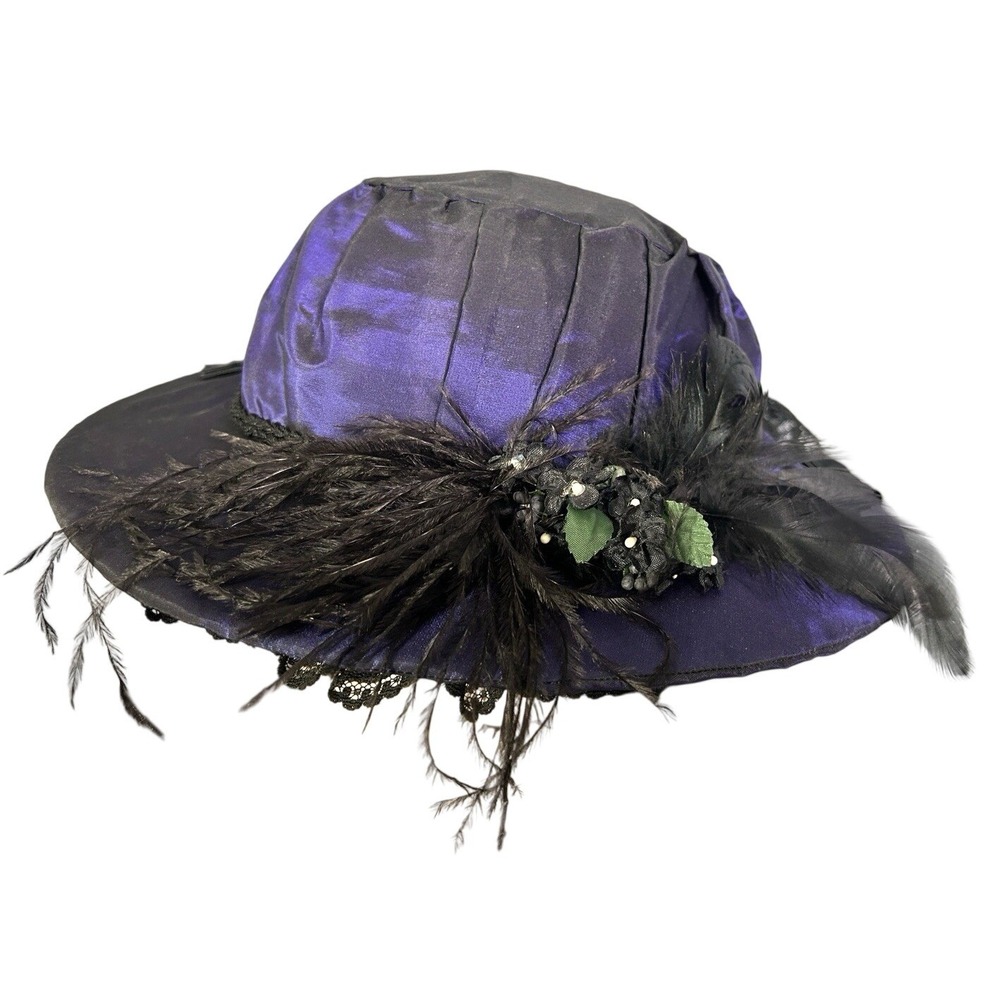 Lush Antique Hat Victorian 1880's Purple Iridescent Lace Millinery Flowers